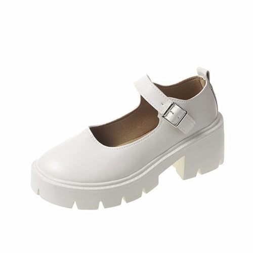 Women's Chunky Heel Mary Jane Shoes with Buckle Strap, Round Toe Platform Loafers, Gothic School Uniform Pumps, Retro Thick Sole PU Leather Shoes for Girls White