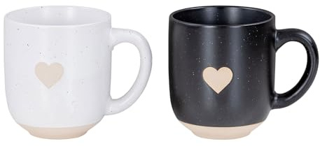 Set di 2 tazze in gres porcellanato, colore nero, bianco, 300 ml, a forma di cuore, idea regalo per coppie