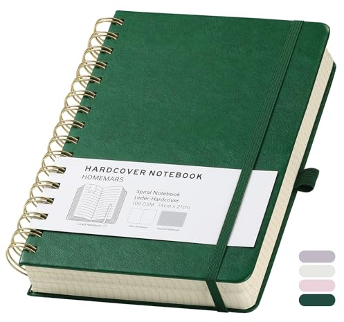 HOMEMARS Cuaderno A5, Cuadriculado, carpeta de anillas A5, bloc de notas A5, cuaderno de espiral, 300 páginas, 100 g/m², 14,8 cm x 21 cm, Verde, Cubierta de Cuero, Trabajo y Oficina.
