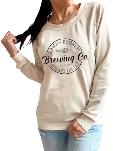 TAIUICY Women Maternity Nursing Sweatshirt Comfort Friendly Zip Breastfeeding Pullover Mama's Boobery Always on Tap Sweater, Cream 1, S