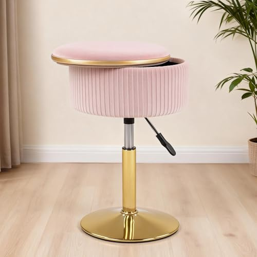LITZFUR Adjustable Vanity Stool with Storage, 360° Swivel Gold Chair, Velvet Small Round Ottoman Footrest for Bathroom, Makeup Room, Pink