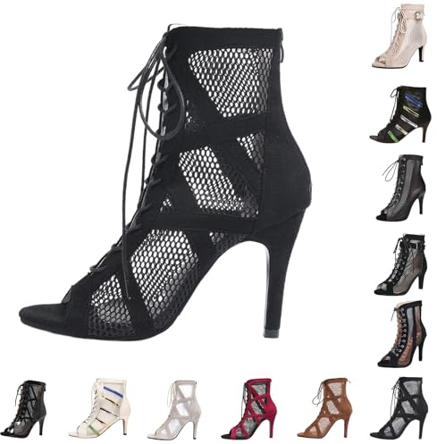 Chaussures de Danse, Heels Dance Shoes, Sexy Escarpins De Soiree Élégantes Souple Sandale Pompes Habillées Bout Fermé Sandales À Talons Hauts Club Soirée Sandales Noir Mesh Stiletto Talons Hauts