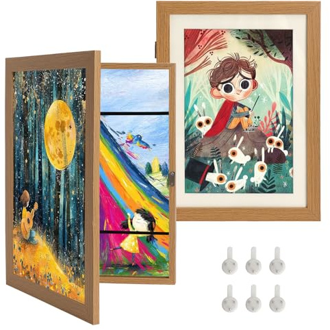 ZRUEWOT Marco A4 Madera Magnético para Dibujos Niños - Marco Foto Madera Intercambiable para Dibujos A4-2 Piezas para Niños, Fácil de Colocar y Cambiar