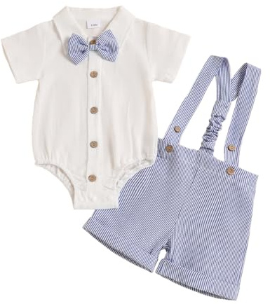 JENJON Conjunto de My First Cumpleaños Bebé Niño Manga Corta/Larga con Pajarita Top+ Rayas Peto Corto Liso 2Pcs Conjuntos Ropa para Verano Otoño Cake Smash Trajes