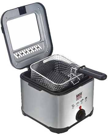 Bass Polska Freidora 3L, acero inoxidable, 2000 W, regulación de temperatura 60-190 °C, con ventana y cesta para freír