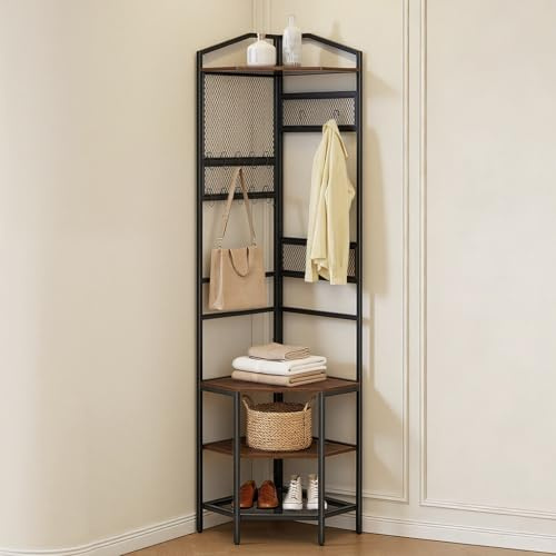 VEVOR Corner Hall Tree, 71.3 in Coat Rack with Hooks, Top Shelf & Steel Frame, Freestanding Clothes Shoes Rack Storage Organizer with Anti-Tip Set, Adjustable Non-Slip Feet for Entrance Closet Office