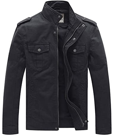 WenVen Men's Casual Cotton Jacket - Outdoor Lightweight Leisure Classic Full-Zip Military Jacket Grey S