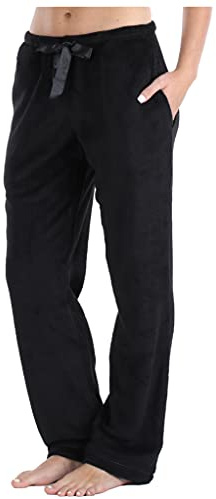 PajamaMania Women's Fleece Pajama Pants with Satin Drawstring, Solid Black, Medium