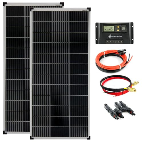 SOLARTRONICS Inselanlage Komplettset: 2x 100W monokristalline Solarmodul + 20A Laderegler + PV Kabel + Solar Y-Stecker