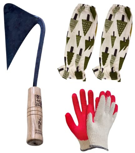 jNE Homi YoungJu DaeJangGan Handmade Korean Hand Plow Garden Tool Weeding and Farming Weed Hoe/Homi/Ho-Mi Master Blacksmith With Working Gloves and Arm Sleeves