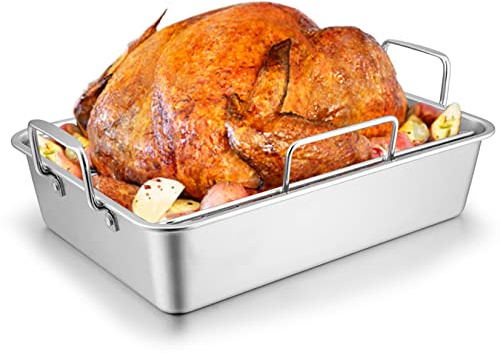 Roasting Pan with Rack for Turkey Chicken, Joyfair Stainless Steel Roaster Pan and V-rack for Toaster Oven, Rectangular Bakeware with Sturdy Handles, Heavy Duty & Dishwasher Safe (Large)