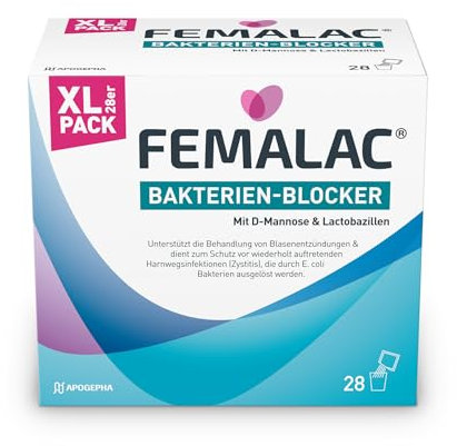 Bakterien-Blocker zur unterstützenden Behandlung und Prävention von Blasenentzündungen: FEMALAC Bakterien-Blocker – Duo-Aktiv-Formel mit Mannose und Lactobazillen, Trinkpulver, 28 Stück