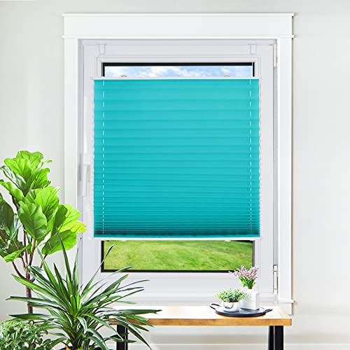 Homland Plissee ohne Bohren Klemmfix Türkis 130 x 50 cm(LxB), Plissees für Fenster und Tür, Jalousie Easyfix Plisseerollo mit Klemmträger Sonnenschutz und Sichtschutz lichtdurchlässig Rollo
