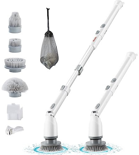VEVOR Brosse de Nettoyage Électrique Rechargeable sans Fil Brosse de Lavage Rotative avec 4 Têtes Remplaçables 280/380 tr/min Longueur et Angle Réglable pour Carrelage Baignoire Salle de Bain Cuisine