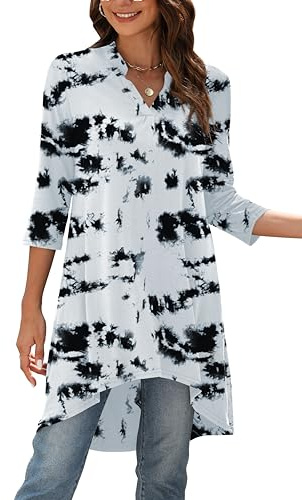 Naggoo Women's 3/4 Sleeve Notch V Neck High Low Loose Fit Long Tunic Tops Shirts Blouses Black White XXL