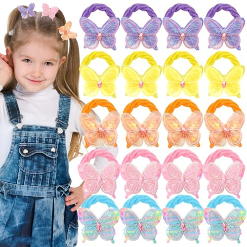 20PCS Hair Bows for Girls,Soft Seamless Butterfly Toddler Elastic Hair Bands Ponytail Holder for Girls Women Hair No Damage Accessories