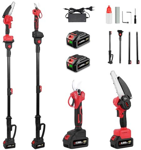 ONEVAN tijeras de podar telescópicas y motosierra telescopica bateria, 4 en 1 podadora de altura con 2 baterías de 4,0 Ah, sin escobillas 6 mini motosierra + podadora 25 mm + pértiga telescópica 2m