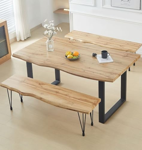Hallowood Furniture Cullompton Large Dining Table and Bench Set, Live Edge Effect Kitchen Table (160cm) with Black Metal Legs & 2 Dining Bench (150cm), Dining Room Set for Home, Cafe & Office