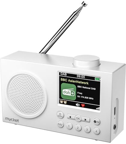 Mycket DAB Radio Portable, DAB Plus Digital Radios with Bluetooth, USB Rechargeable FM Radios, Battery Powered Small Radio,Dual Alarms Clock,Sleep Timer, 40 Presets Stations, 2.4 Large Colour Display