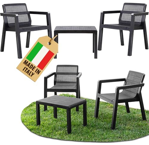 Ondis24 Juego de muebles de balcón Riviera, 3 piezas, muebles de jardín, 2 sillones con mesa auxiliar en imitación de yute, de plástico resistente a los rayos UV y a la intemperie, muebles de balcón