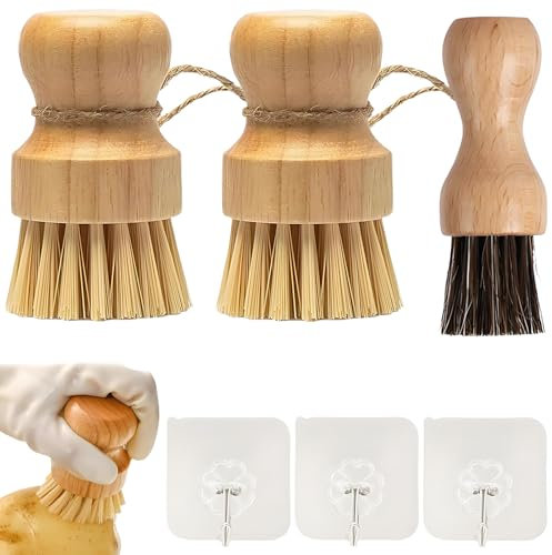 6 Stück Gemüsebürste Holz, Pilzbürste Champignonbürste, Kartoffelbürste, Champignon Bürste Spülbürste Holz Mit DREI Haken Pilzpinsel Spülbürste für Reinigung Von Küche Bad Sanften