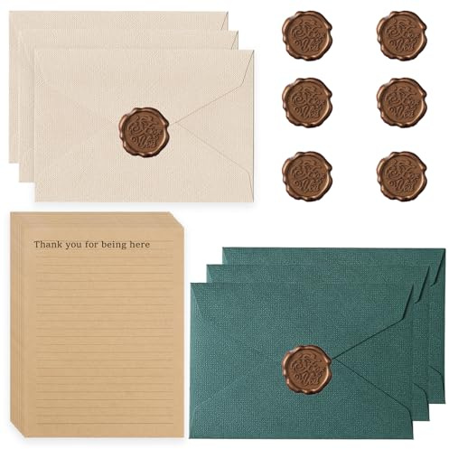 22 Pezzi Vintage Carta da Lettere con Busta, Set di 6 Buste in Lino e Sigilli di Cera, 10 A5, Carta da Lettere Vintage, Pergamena da Scrivere, per Compleanno, Inviti di Nozze Verde