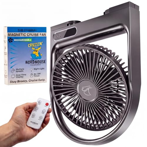 Magnetic Cruise Fan with Remote Control - Durable Rechargeable Battery, Multi-Color RGB LED Light, Sleep-Friendly Smart Display & Timer, Magnetically Sticks on Cabin Ceilings and Walls - Easy to Pack