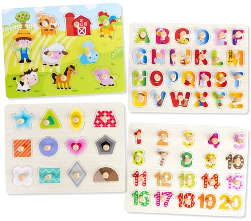 Funsland Baby Holzpuzzle 1 Jahr, 4 Stück Montessori Puzzle Baby mit Griff,Steckpuzzle Lernspielzeug Pädagogisches Spielzeug, Tiere Holz Puzzle Geschenk Spielzeug ab 1 2 Jahr Kinder