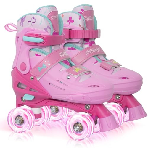 Nattork Kids Roller Skates for Girls Boys, 4 Size Adjustable Quad Skates for Kids with Light up Wheels - Wonderful Birthday Gift for Indoor Outdoor Sports