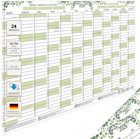 Väggkalender 2026 2027 B1 stor, årskalender liggande vikt kalender