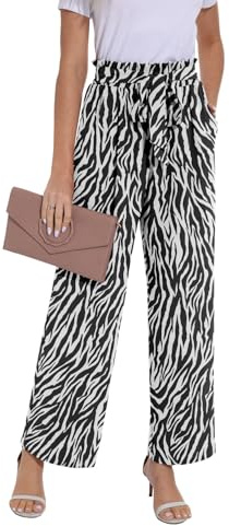 PrinStory Womens Wide Leg Trousers Lightweight Elasticated Waist Summer Pants With Pockets Causal Work Trousers