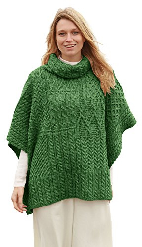 Aran Poncho Cape Irlandaise pour Femme 100% Laine Mérinos Taille Unique Fabriqué en Irlande (Vert)