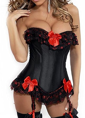 KUOSE Women's Gothic Lace up Boned Satin Lingerie Corset Top with Suspenders Plus Size 6-24