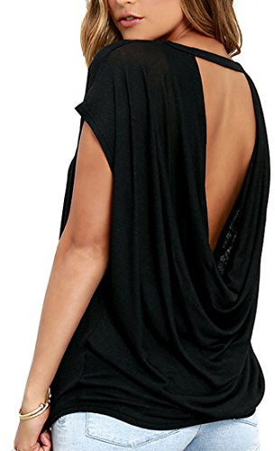 iMELY Femme T-Shirt Sexy Dos Nu Chauve-Souris Casual Col Rond Tops Manches Courtes Été en Coton
