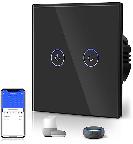 BSEED Smart Light Switch,Touch Switches for Lights,Glass Panel with Backlit,Works with Alexa & Google Assistant,Neutral Wire Required,2 Gang 1 Way,86mm Black