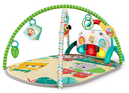 Bright Starts, alfombra de juego musical para bebés Safari Tropical con piano y batería, 90+ sonidos, 20+ min de música y luces, arco de juego, 5 juguetes de actividad, 3 idiomas, desde recién nacido