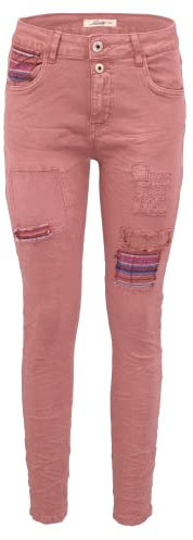 Jewelly Damen Stretch Boyfriend Jeans - Patches Aufnäher - Five-Pocket im Crash-Look (XL/42, Beere)