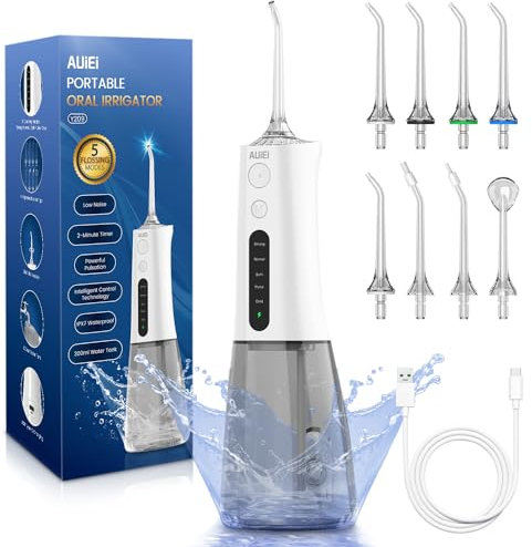 AUIEI Water Flosser for Teeth Cordless, Professional Oral Irrigator 5 Modes & 4 Jet Tips USB-C Rechargeable Teeth Cleaner Portable 300ML Dental Tooth Care Tool Kits Home Use Travel (White)