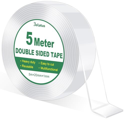 Bolatus 5m/16.4FT Double Sided Tape Heavy Duty, Strong Double Sided Sticky Tape, Double Sided Carpet Tape Clear Tape Nano Tape for Office Home Kitchen Party Car（1 Roll）