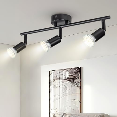 Doughelec Lámpara de Techo 3 Focos LED Orientable, Plafones de Techo GU10 Plafón Foco de techo Moderno Aplique Pared Interior Giratorios Para Cocina Pasillos Salón Dormitorios, Sin Bombilla Negro