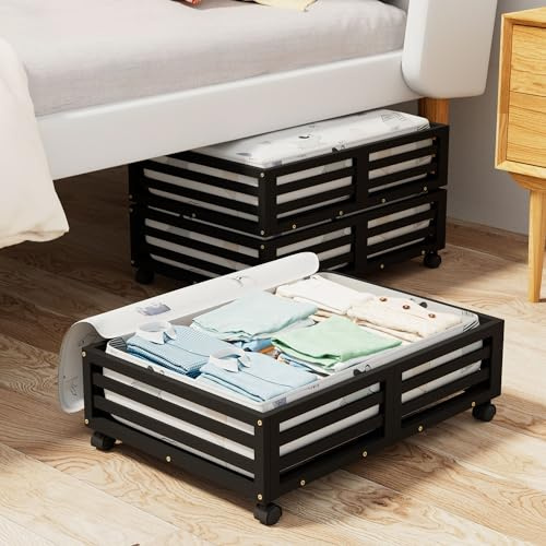 Bamboo Under Bed Storage Containers- Underbed Organizer with Wheels with Large Capacity Dust Bag,Sturdy Wood Rolling Under Bed Shoe Storage Organizer 2 Packs (Black, 2 Packs (23.62×16.54))