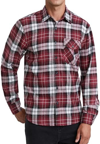 HISDERN Men's Shirts Long Sleeve Casual Plaid Flannel Shirt Checked Button Down Shirts Red/White 2XL