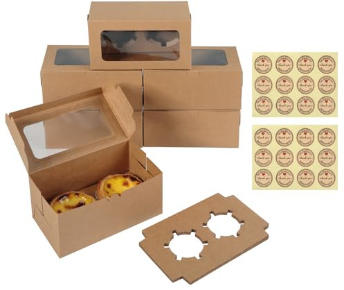 16 Pièces Boite Cupcakes, Boite Gateau avec Fenêtre et Inserts, 2 Trous Boite Transport Gateau, Boîtes à Cupcakes en Papier Kraft avec 24 Autocollants, Boite a Cake pour Muffins Desserts Gâteaux