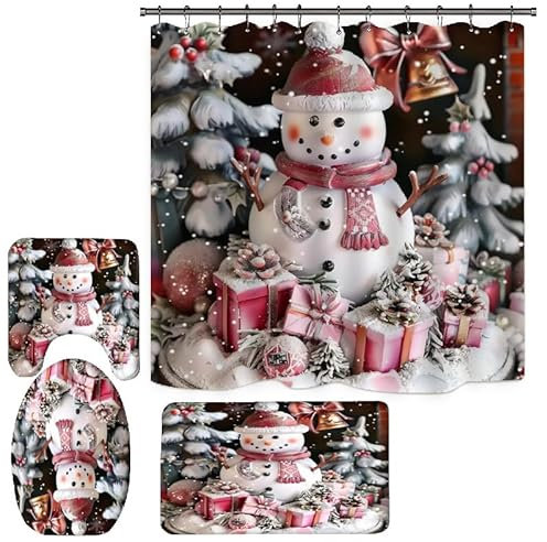 Duschvorhang Silber Weiß Grau Badezimmermatte Verdickung Bad Teppiche Set, Duschvorhang Stoff+Bath Mat rutschfeste(50x80cm)+U-Typ Fußmatte Wasseraufnahme+Toilette Badmatte