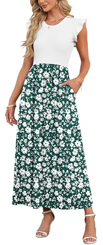 AUSELILY Maxi Dress Women Sundress with Pockets Crew Neck Floral Green XXL