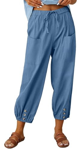 Joligiao Pantalon 7/8 Femme Été Pantalon Coton et Lin Taille Elastique Large Pantalons Fluide Décontracté Taille Haute Léger Respirant Pantalons de Plage Ample Pants Cordon Large à Jambes avec Poches