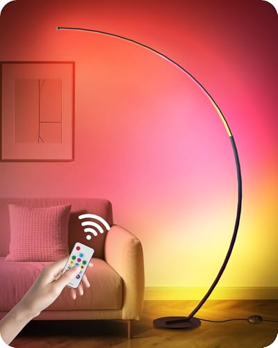RGBW Floor Lamp, 75” Standing Tall Lamp, Dimmable Arc Floor Lamp for Living Room with Foot and Remote Control, 18 DIY Colors, 3000K-6000K White, LED Corner Lamp, Color Changing Ambient Light RB62LD05