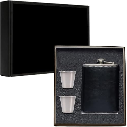 Hip Flask for Liquor, Stainless Steel Leather Hip Flask with Shots, Leak Proof Pocket Whiskey Flask for Men (Black, 8 oz)
