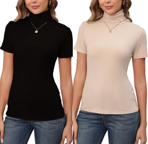 Pull Col Roulé Femme Chaussette Body Tricot Léger Manches Courtes Tee Shirt Top Haut Ajusté Moderne Col Montant sous Pull Basique Pullover Laine Vintage Chic Hiver Automne Printemps Noir+Beige L