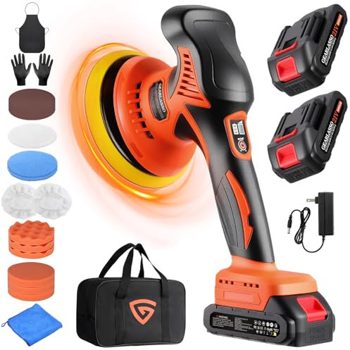 GEARLASSO Cordless Car Buffer Polisher, 8 Variable Speed Car Polisher 2800-6000RPM Car Polishing Machine with 2X 21V 2.0Ah Batteries and 17 Piece Polishing Kit for Car Detailing Scratch Removing